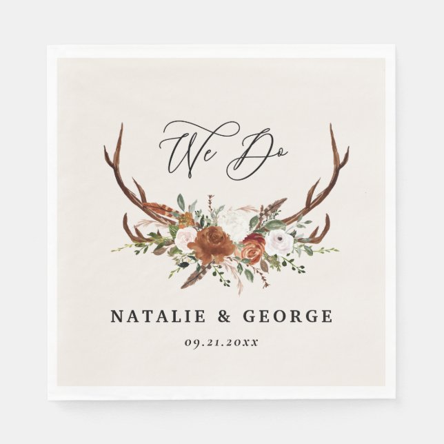 Stag rustic botanical wedding terracotta floral napkins (Front)