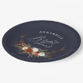 Stag rustic navy blue botanical bridal shower paper plates (Angled)
