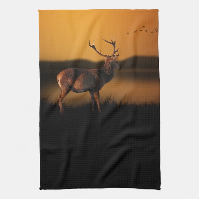 Stag Sunrise Misty Morning Deer Kitchen Towel (Vertical)