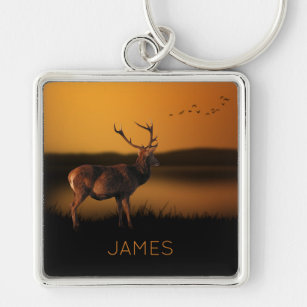 Stag Sunrise Misty Morning Deer Personalized Keychain