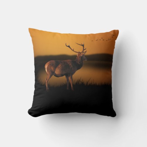 Stag Sunrise Misty Morning Deer Throw Pillow