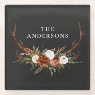 Stag terracotta black modern botanical floral glass coaster