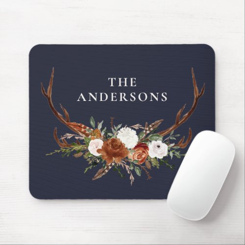 Stag terracotta navy blue rustic botanical floral  mouse pad