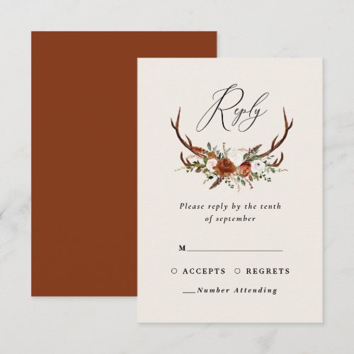 Stag terracotta pink floral elegant wedding budget RSVP card