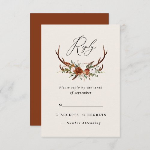 Stag terracotta pink floral elegant wedding budget RSVP card