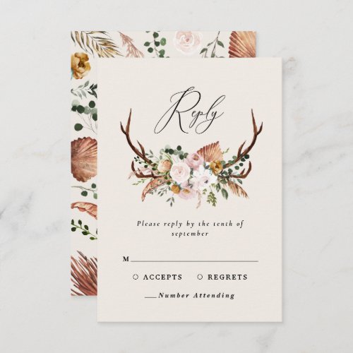 Stag terracotta pink floral rustic elegant wedding RSVP card