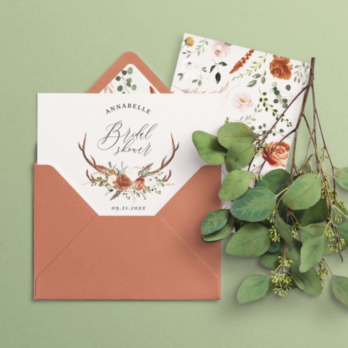 Stag terracotta rust floral elegant bridal shower invitation