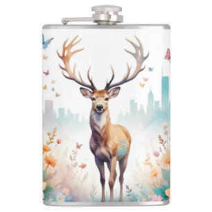 Stag Vintage Animal Nature Forest Flowers Art Flask