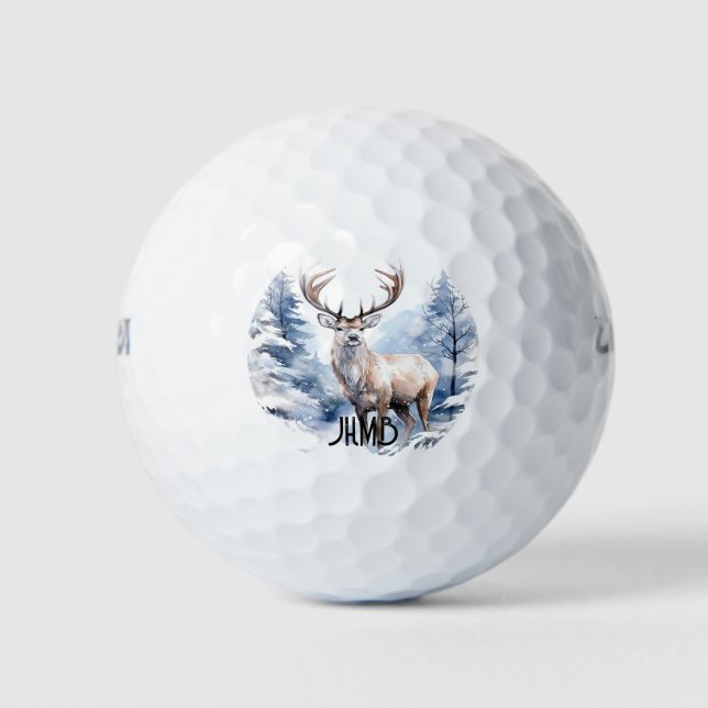 Stag Winter Deer Animal Monogram Art Golf Balls (Front)