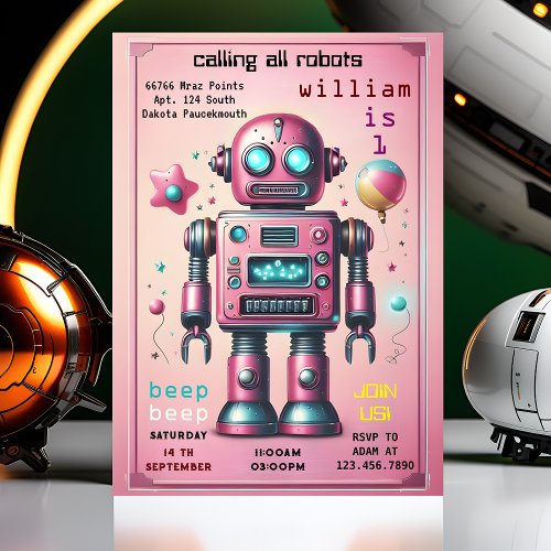 stage boy cute Toy funny robot first 1st birthday Invitation
