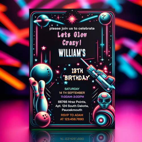 stage neon Glow arcade gun Laser Tag 13th Birthday Invitation