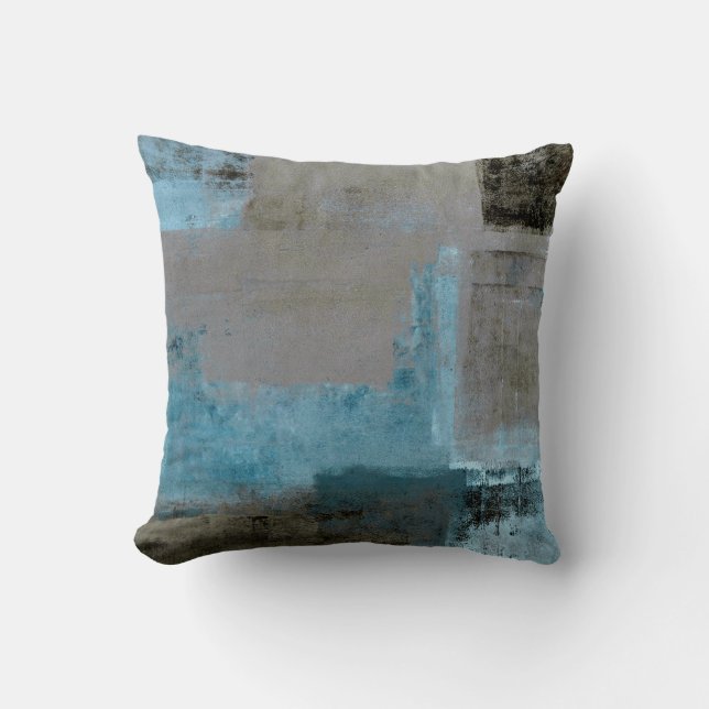 'Staged' Teal and Brown Abstract Art Throw Pillow (Front)