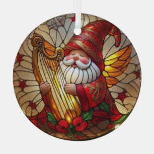 Stain Glass Angel Gnome Playing a Harp Ornament