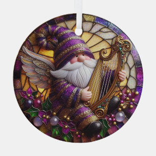 Stain Glass Angel Gnome Playing Harp Glass Ornament