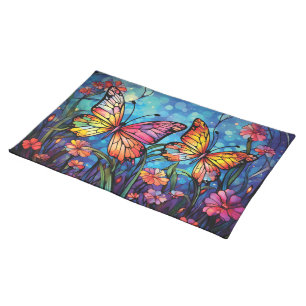 Stain Glass Butterfly & Flowers Fabric Placemats