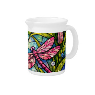 Stain Glass Lilies and Dragonflies Pink Beverage Pitcher