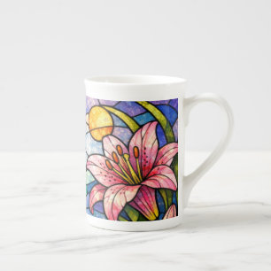 Stain Glass Lilies and Dragonflies Pink Bone China Mug