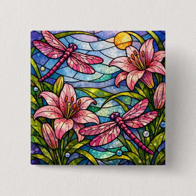 Stain Glass Lilies and Dragonflies Pink Button (Front)