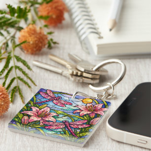 Stain Glass Lilies and Dragonflies Pink Keychain