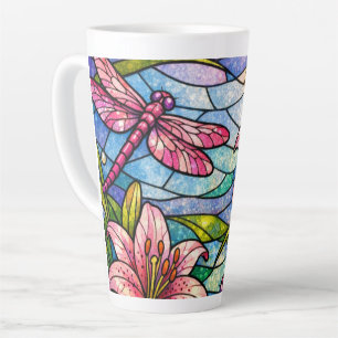 Stain Glass Lilies and Dragonflies Pink Latte Mug