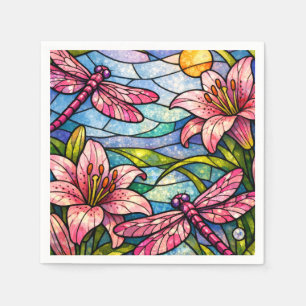 Stain Glass Lilies and Dragonflies Pink Napkins