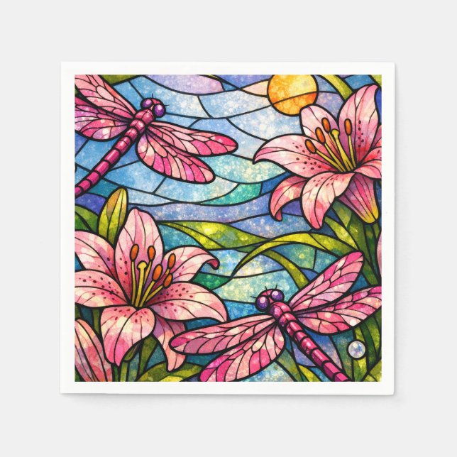 Stain Glass Lilies and Dragonflies Pink Napkins (Front)