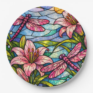 Stain Glass Lilies and Dragonflies Pink Paper Plates
