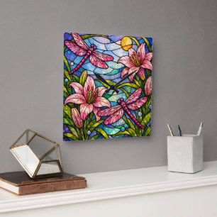 Stain Glass Lilies and Dragonflies Pink Square Wall Clock