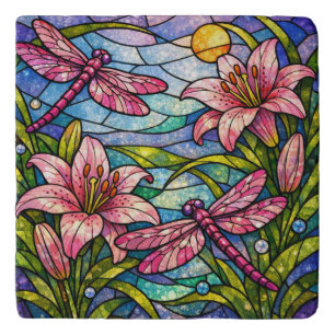 Stain Glass Lilies and Dragonflies Pink Trivet