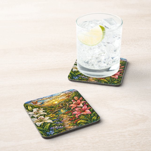 Stain Glass Lilies and Sunshine Beverage Coaster (Right Side)
