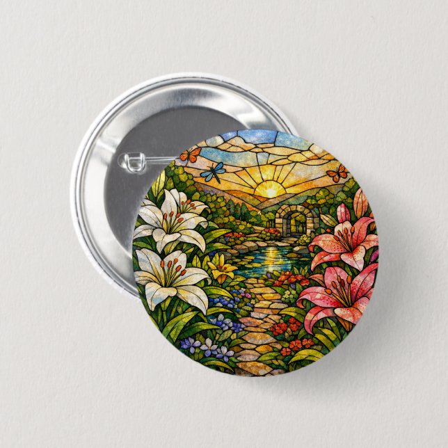 Stain Glass Lilies and Sunshine Button (Front & Back)