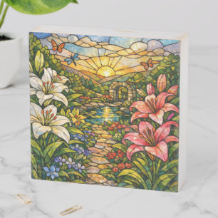 Stain Glass Lilies and Sunshine Wooden Box Sign