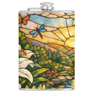Stain Glass Lilies Butterflies Sunshine Flask
