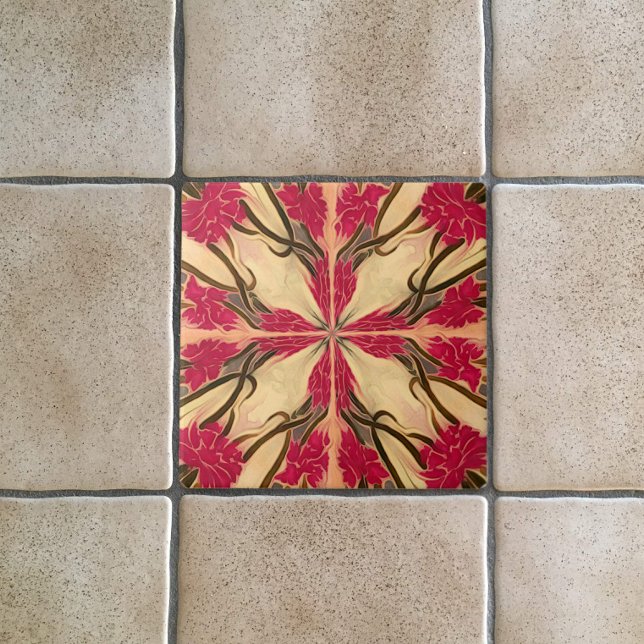 Stain Glass Look Art Nouveau Pink Floral Pattern  Ceramic Tile (Creator Uploaded)