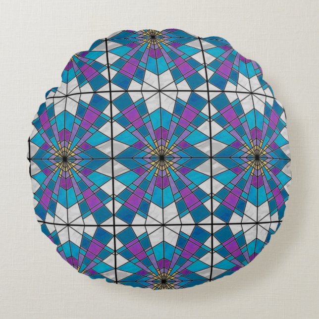 Stain Glass Ray Blue and Purple Round Pillow (Front)
