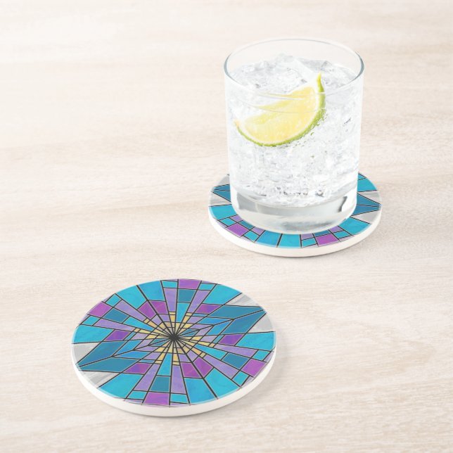 Stain Glass Ray Blue and Purple Sandstone Coaster (Side)