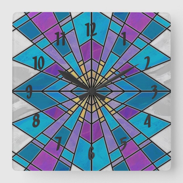 Stain Glass Ray Blue and Purple Square Wall Clock (Front)