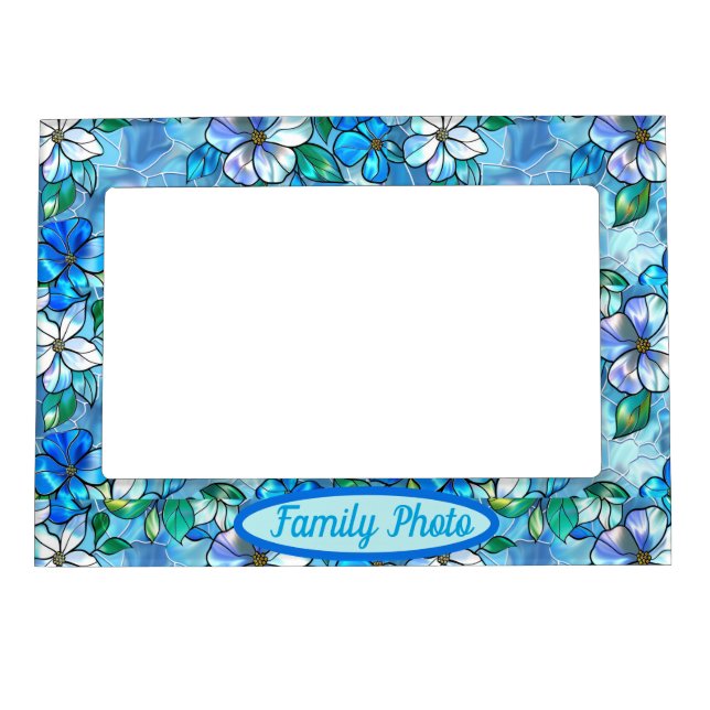 Stain Glass Simulation Blue Floral  Magnetic Frame (Front)