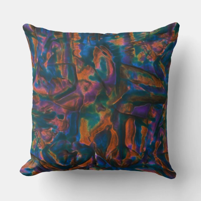 Stained and dented blue shades of aged copper throw pillow (Front)