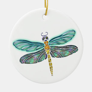 Stained Glass & Abalone Shell Dragonfly Ceramic Ornament
