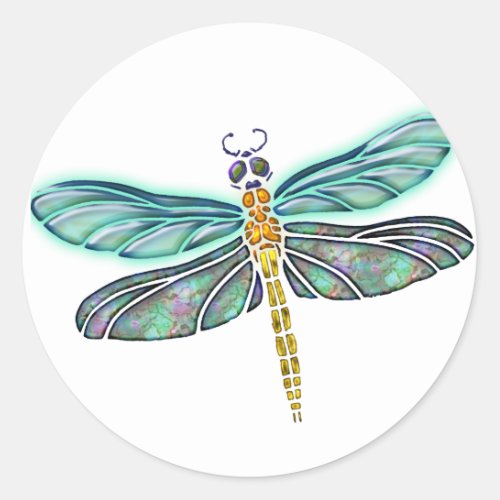 Stained Glass  Abalone Shell Dragonfly Classic Round Sticker