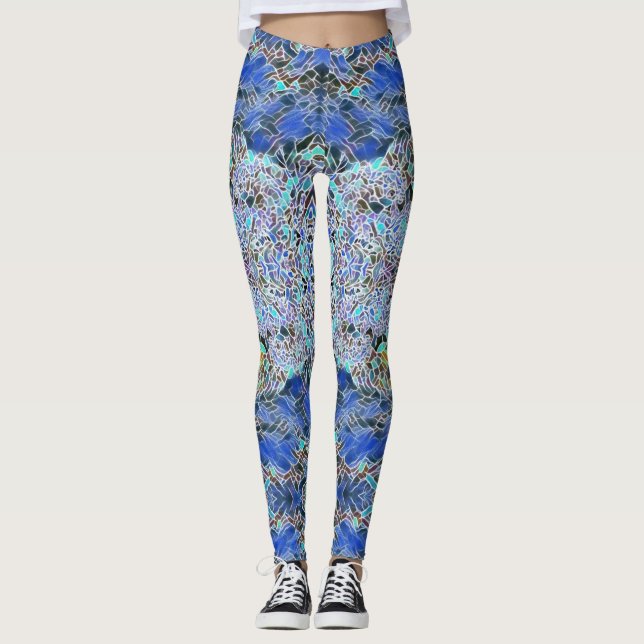 Stained glass abstract art blues lavender  leggings (Front)