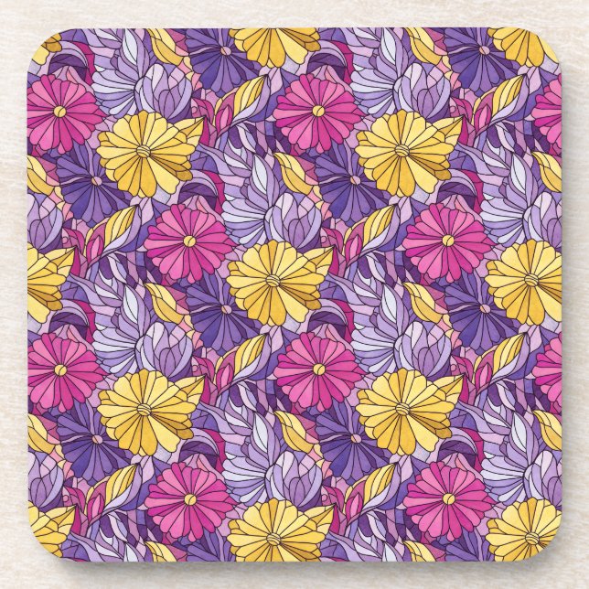 Stained Glass Abstract Purple Yellow Pink Beverage Coaster (Front)