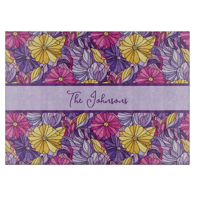 Stained Glass Abstract Purple Yellow Pink Cutting Board (Front)