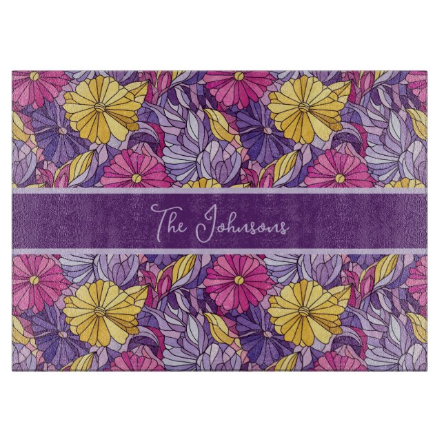 Stained Glass Abstract Purple Yellow Pink Cutting Board (Front)