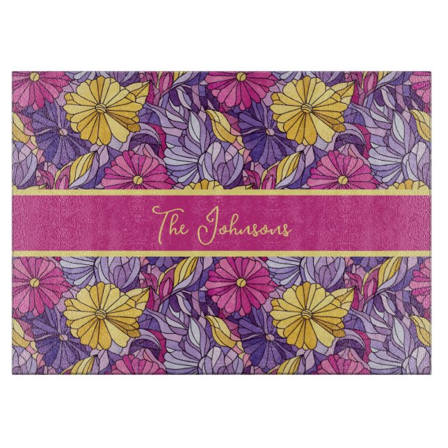 Stained Glass Abstract Purple Yellow Pink Cutting Board (Front)