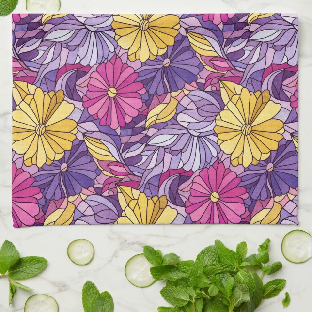 Stained Glass Abstract Purple Yellow Pink Kitchen Towel (Folded)