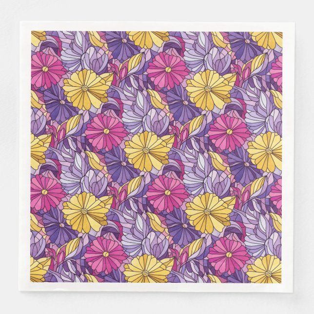 Stained Glass Abstract Purple Yellow Pink Paper Dinner Napkins (Front)