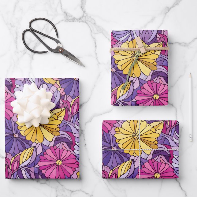 Stained Glass Abstract Purple Yellow Pink Wrapping Paper Sheets (Front)