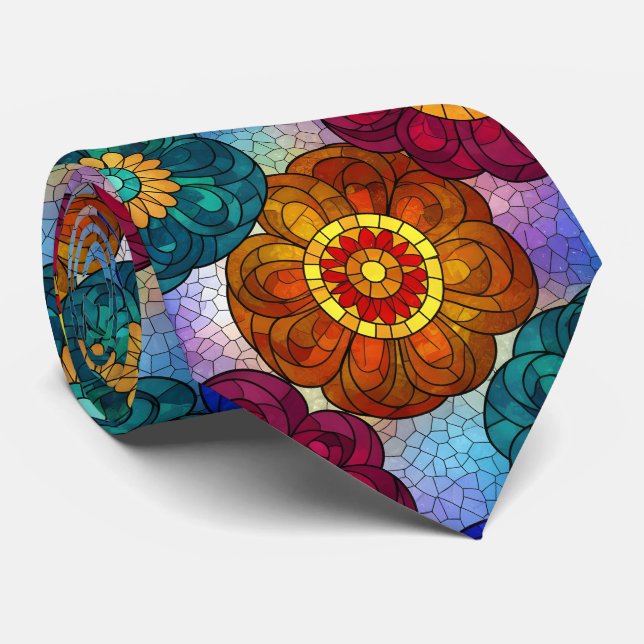 Stained Glass Abstract Red Green Blue Orange Neck Tie (Rolled)
